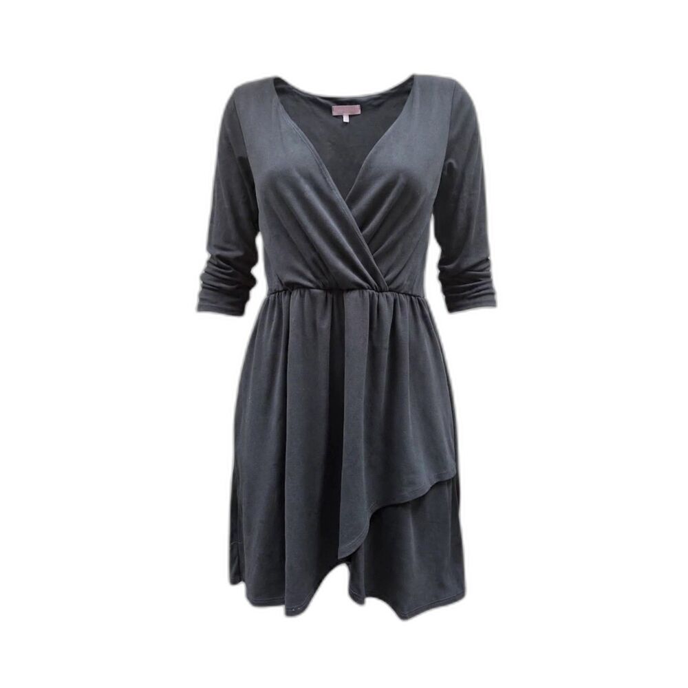 Harper Black Wrap V-Neck Dress with Three-Quarter Sleeves L